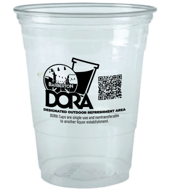 Plastic cup showing the Barberton logo and below says "DORA - Designated Outdoor Refreshment Area" 