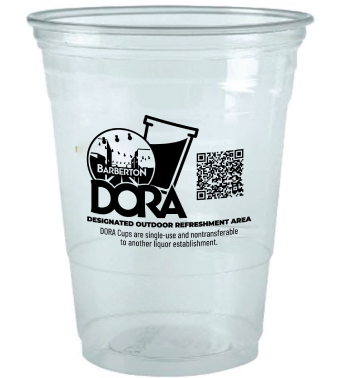 DORA cup Plastic cup showing the Barberton logo and below says "DORA - Designated Outdoor Refreshment Area"