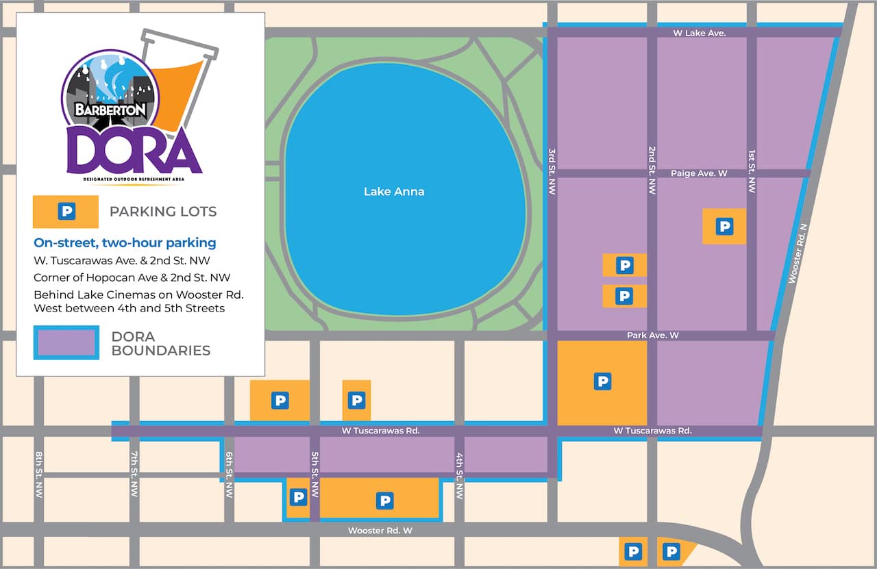 dora-map-parking-boundaries-9.1.23 A map graphic outlining the boundaries of the DORA district boundaries in Barberton, Ohio.