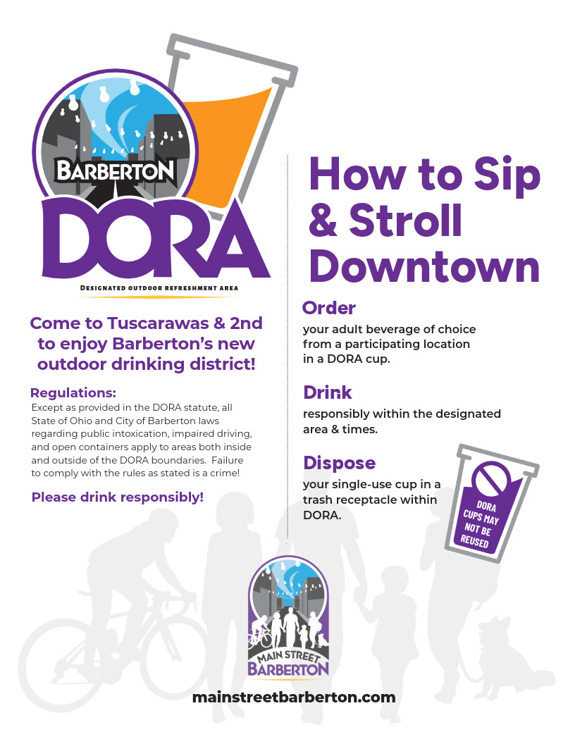 Plastic cup showing the Barberton logo and below says "DORA - Designated Outdoor Refreshment Area" 